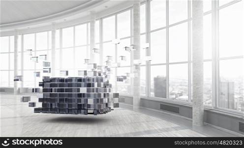 Cube figure in elegant interior. Modern building interior with cube figure as technology concept