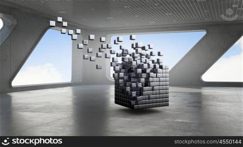 Cube figure in elegant interior. Office window in day lights and digital levitating cube