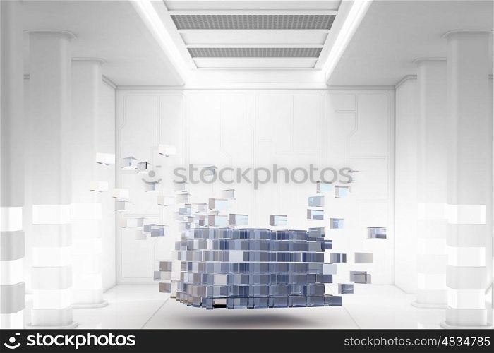 Cube figure in futuristic room. 3D illustartion of cube figure as modern technologies for design and architecture