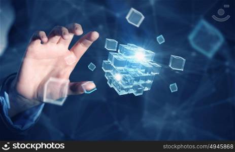 Cube in female hand. Conceptual image with 3D rendering cube figure