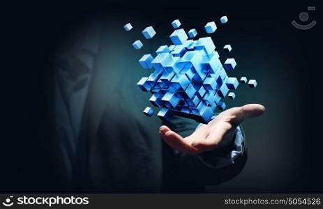 Cube in female hand. Conceptual image with 3D rendering cube figure
