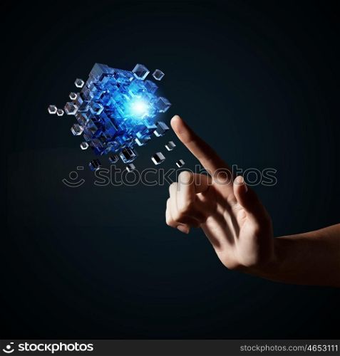 Cube in male hand. Businessman hand touch digital cube as thinking outside the box concept