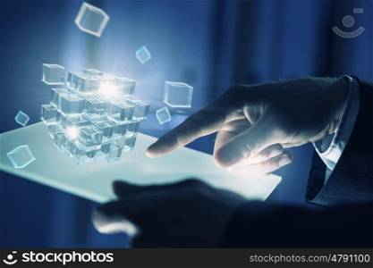 Cube in male hand. Conceptual image with 3D rendering cube figure