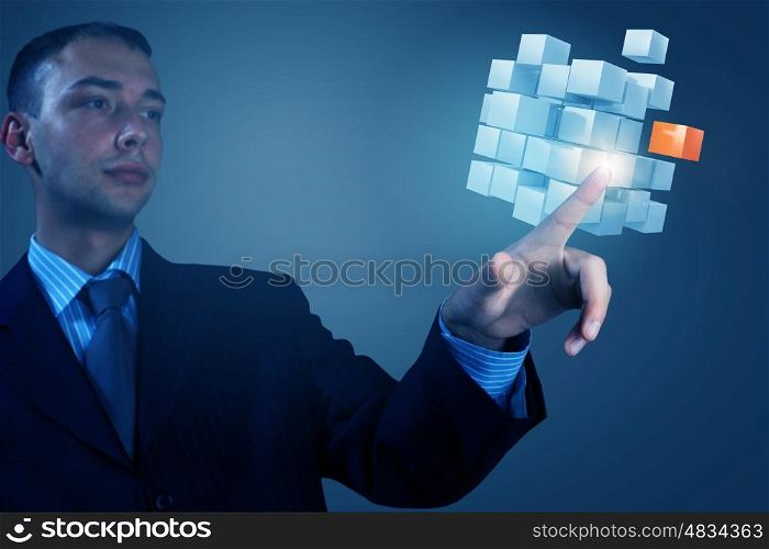 Cube in male hand. Conceptual image with 3D rendering cube figure