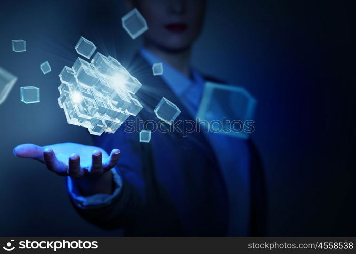 Cube in male hand. Conceptual image with 3D rendering cube figure in female palms