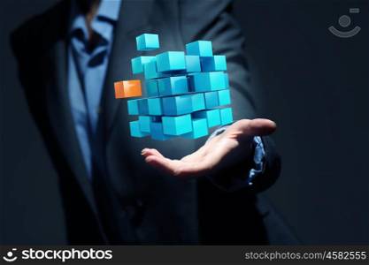 Cube in male hand. Conceptual image with 3D rendering cube figure in female palms