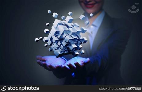 Cube in male hand. Conceptual image with 3D rendering cube figure in female palms