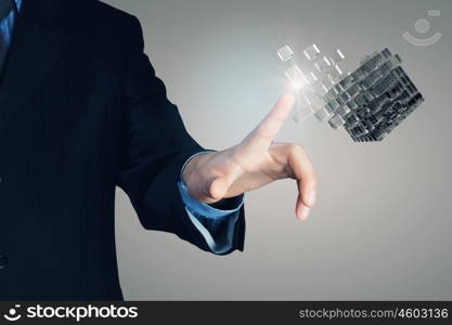 Cube in male hand. Conceptual image with 3D rendering cube figure in male palms