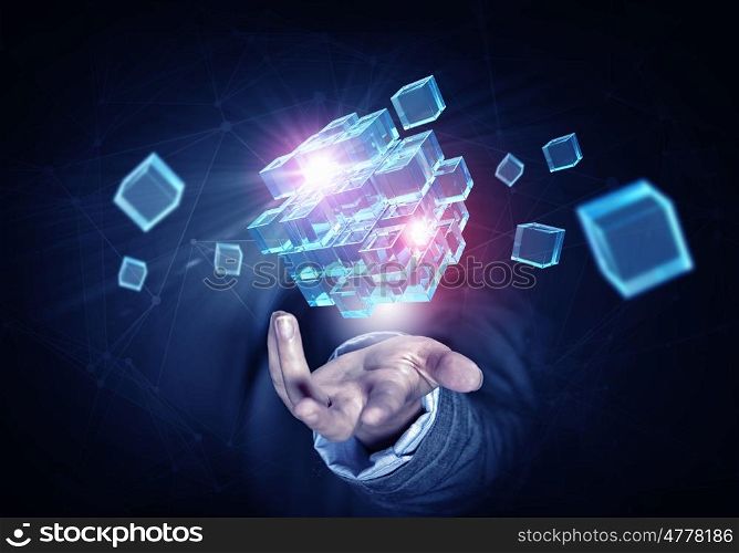 Cube in male hand. Conceptual image with 3D rendering cube figure in male palms