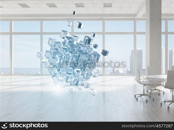 Cube in modern office. Cube 3d render figure in modern office interior as symbol of technology