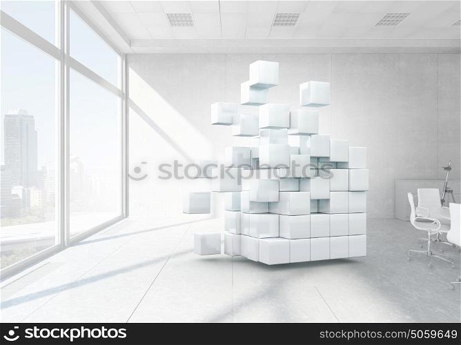 Cube in modern office. Office window in day lights and digital cube