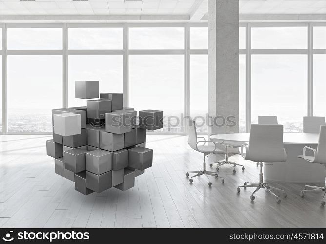Cube in modern office. White office interior with 3D cube figure. Mixed media