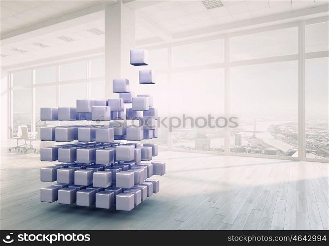 Cube in modern office. White office interior with 3D cube figure. Mixed media