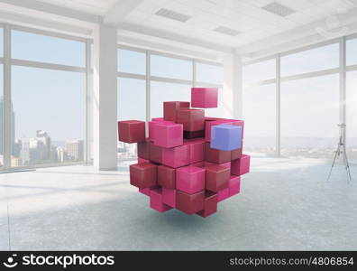 Cube in modern office. White office interior with 3D cube figure. Mixed media