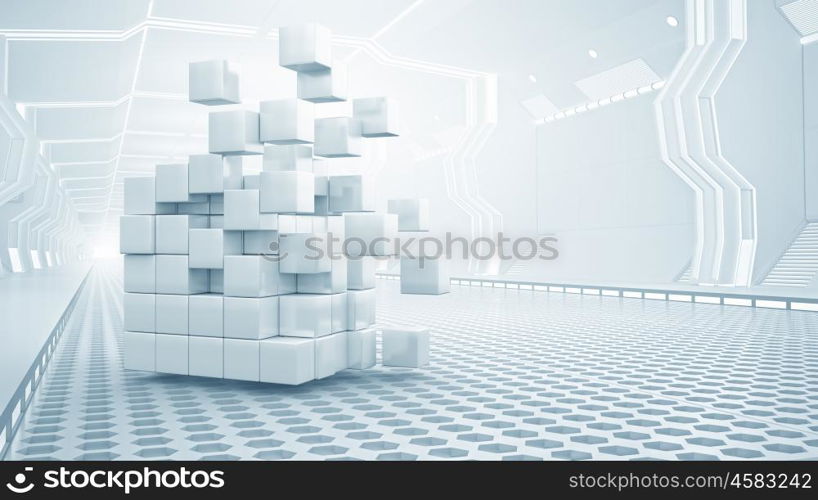 Cube in virtual room. Abstract cube in futuristic room as innovative virtual interior design