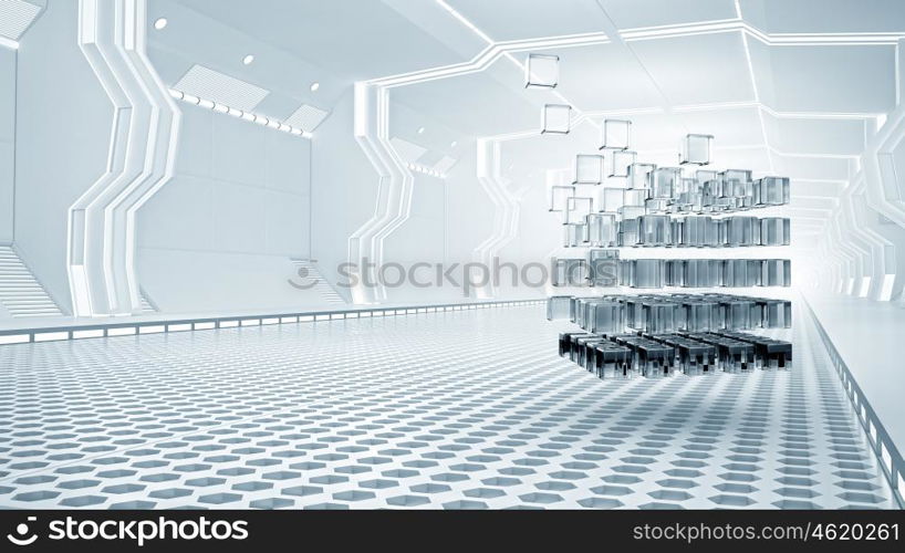 Cube in virtual room. Abstract cube in futuristic room as innovative virtual interior design