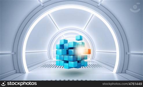 Cube in virtual room. Abstract cube in futuristic room as innovative virtual interior design