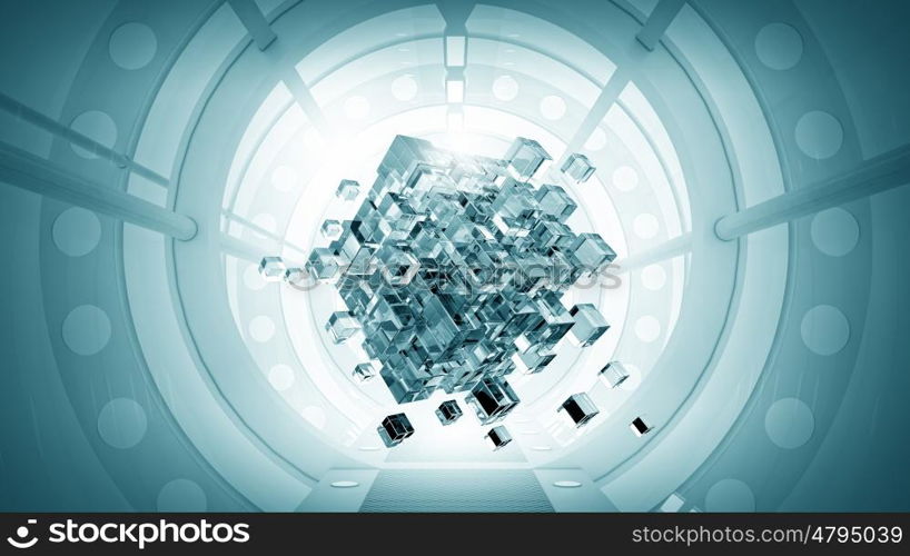 Cube in virtual room. Abstract cube in futuristic room as innovative virtual interior design