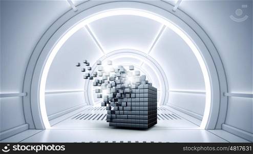 Cube in virtual room. Abstract cube in futuristic room as innovative virtual interior design