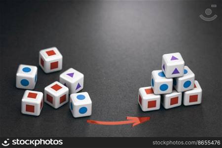 Cubes in a mess and organized ones over black background. Concept of disorganization vs organisation. 3d illustration.. Disorganization vs organisation. 