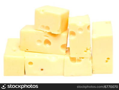 cubes of fresh cheese on white background