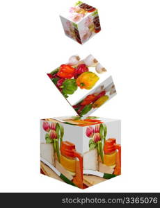 Cubes with images of food on white background
