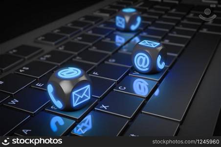 Cubes with phone, mail and envelope icons on a computer keyboard. 3D render