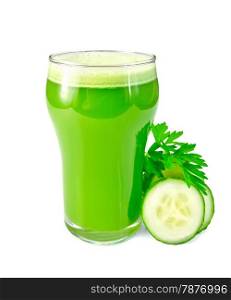 Cucumber juice in a tall glass, cucumber, parsley isolated on a white background