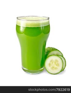 Cucumber juice in a tall glass, sliced cucumber into slices isolated on white background