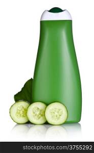 Cucumber shampoo with fresh cucumber slices and leaf on white background