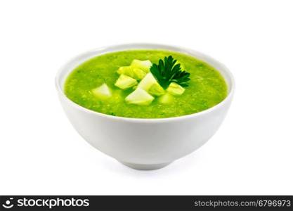 Cucumber soup with green peppers, parsley and garlic in a bowl isolated on white background