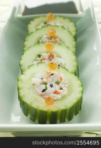 Cucumber Sushi Roll with Crayfish and a Soy Dip