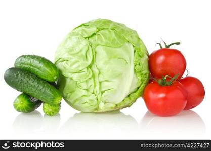 cucumbers, cabbage and tomatoes over a white background