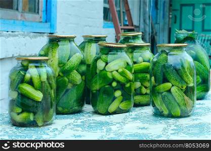 Cucumbers in the jars prepared for preservation. ripe cucumbers in the glass jars are prepared for preservation