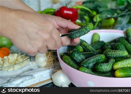 Cucumbers with garlic, salt and dill for pickling . The woman is preparing cucumbers to make pickles.