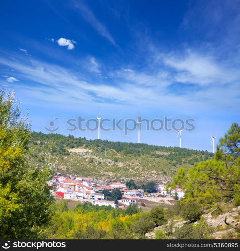 Cuenca San Martin de Boniches village with windmills in early autumn Spain