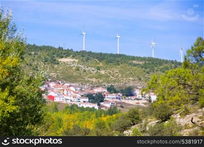 Cuenca San Martin de Boniches village with windmills in early autumn Spain