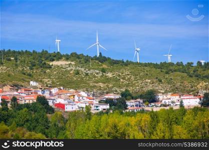 Cuenca San Martin de Boniches village with windmills in early autumn Spain