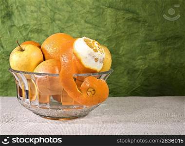 Cuisine still life. Bowl with fresh fruits on the desk