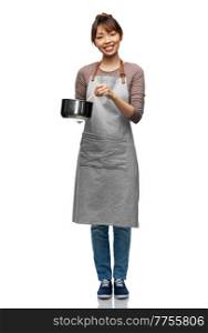 culinary and people concept - happy smiling female chef in jacket with saucepan cooking food over grey background. happy smiling female chef with saucepan