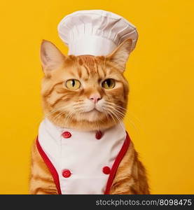 Culinary cat dressed in chef uniform, complete with toque hat. Adorable feline Illustration. Generative AI. Cat in chef uniform, complete with toque hat. Generative AI