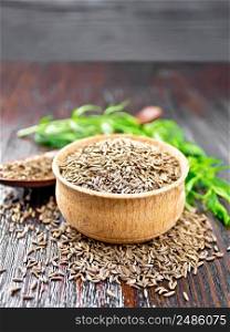 Cumin seeds in bowl, spoon and on the table, a green sprig of a plant on dark wooden board background