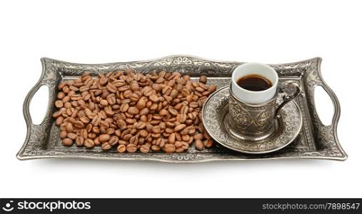 cup and coffee grain isolated on white background