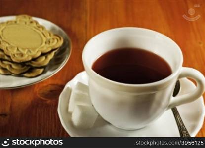 Cup and cookies. empty Cup and cookies on wooden background