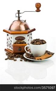 cup and mill with beans isolated