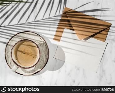 cup coffee envelope top view. Resolution and high quality beautiful photo. cup coffee envelope top view. High quality beautiful photo concept