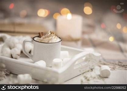 cup coffee tray with marshmallows cinnamon sticks