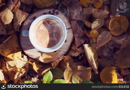 cup of black coffee in the middle of autumn foliage, view from above, vintage toning