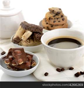 Cup Of Black Coffee With Chocolate And Cookies