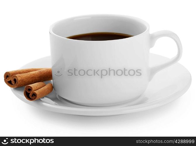 Cup of black coffee with cinnamon sticks isolated on white background